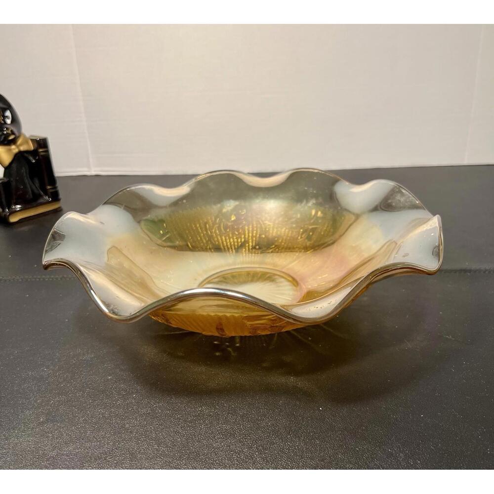 Jeannette Glass 1930s Iris & Herringbone Amber Iridescent Ruffled Bowl, 11.5 in